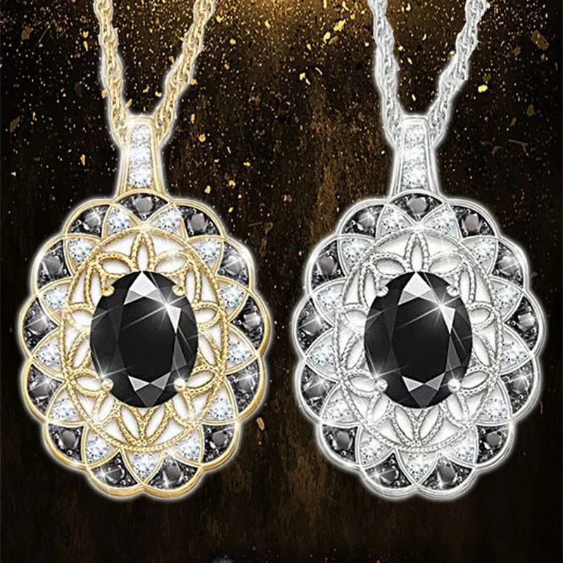 

Fashion Shiny Black Gemstone Golden Lace Luxury Ladies Noble Necklace Black Crystal Pattern Pendant