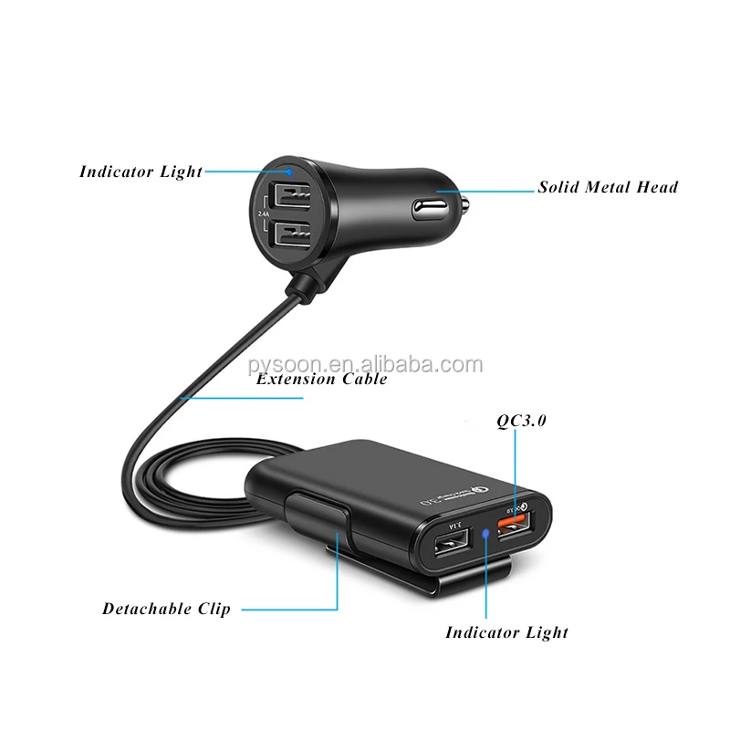 Shenzhen Factory Fast Charging 4 Ports USB QC 3.0 Car Charger with 1.8m Extension Cable