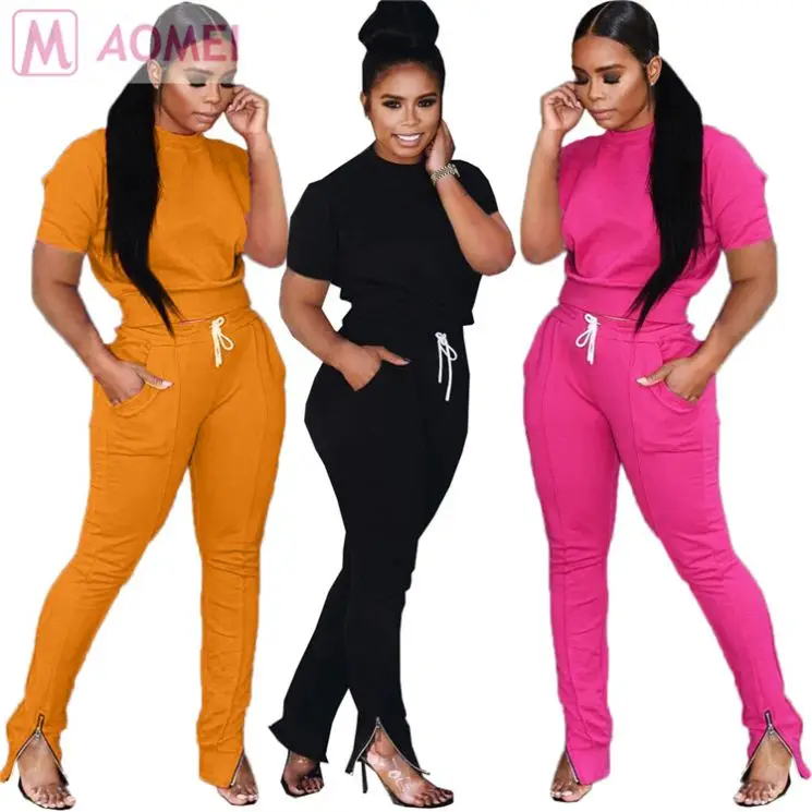 A1040 new style short sleeve drawstring trouser solid Wholesale 2 Piece Set Women Clothing Pants