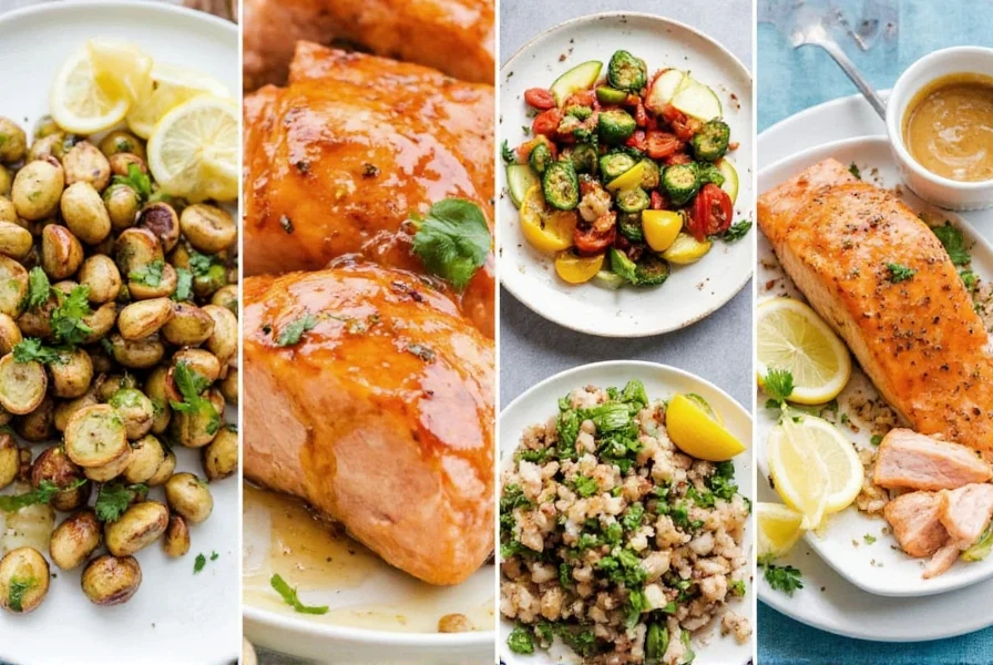 Various dishes featuring lemon pepper sauce including grilled salmon, roasted vegetables, and dipping sauce