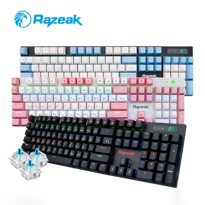 

Razeak RK-X61 87/104 Keys Blue Switch Double Color Keycap Cool RGB Led Rainbow Backlit Wired Mechanical Gaming Keyboard for PC