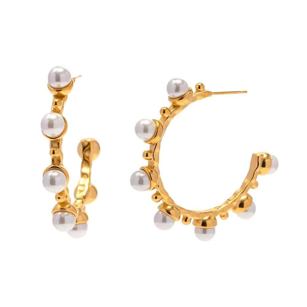 

Minimalist Hammered C Shape Imitation Pearl Beads PVD 18K Gold Plated Stainless Steel Hoop Earring