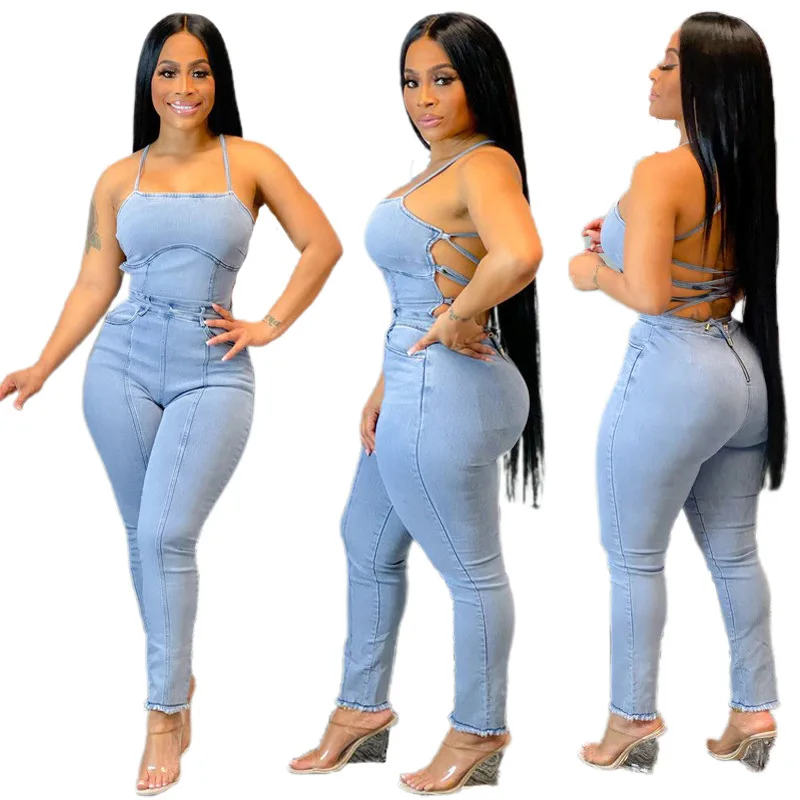 

women Casual fashion slim backless bandage denim jumpsuit, Picture color