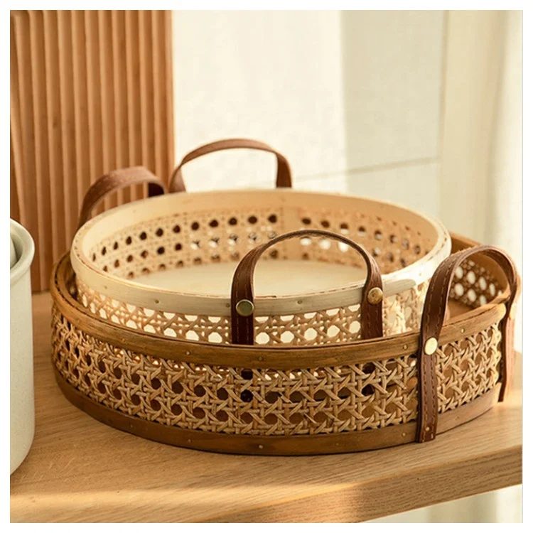 

Pastoral style rattan storage basket leather handle perfume round aromatherapy two color basket rattan decorative tray