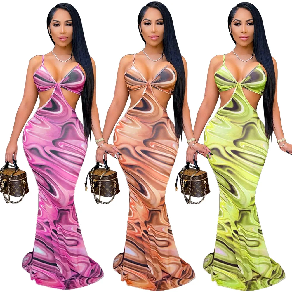 

DUODUOCOLOR Fashion casual hollow out backless suspenders skirt printed women sexy dresses 2021 v neck clothing D10637