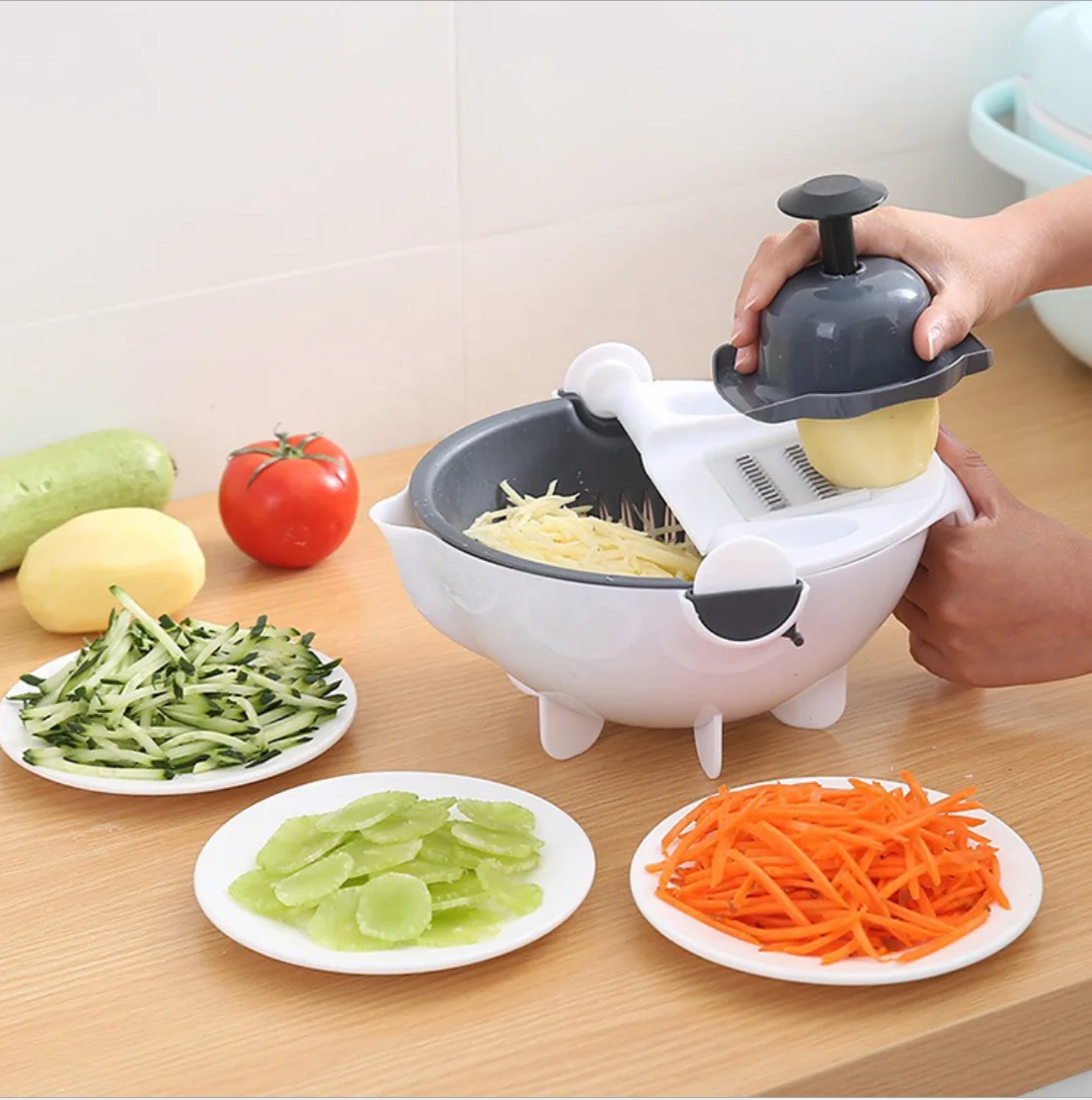 

9 in 1 Manual Rotate Veggie Slicer Grater Multifunctional Vegetable Chopper Cutter with Drain Basket, White+gray