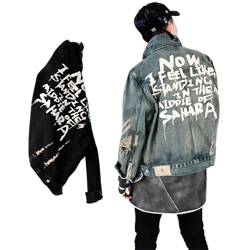 

Custom Fashion Stock Denim Jacket For Men Denim Jean Jacket In Bulk Back Side Graffiti