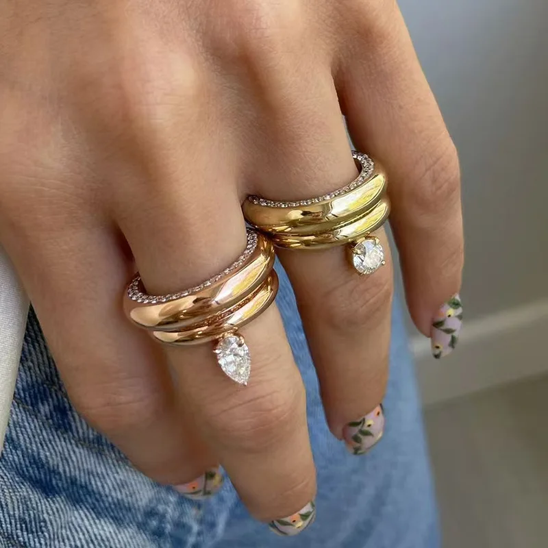 Joolim High-End 18K Gold-Plated Stainless Steel Women's Water Drop Round Zirconia Cambered Band Ring Non-Tarnishing Jewelry