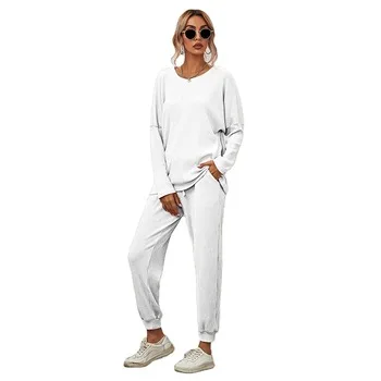 

Women's Casual Home Wear 2-Piece Jogger Nightwear Lounge Wear White Large Pajama Sets Long Sleeve Sleepwear homewer Sets, White,pink,yellow,gray,black,brown,orange,sky blue,wine