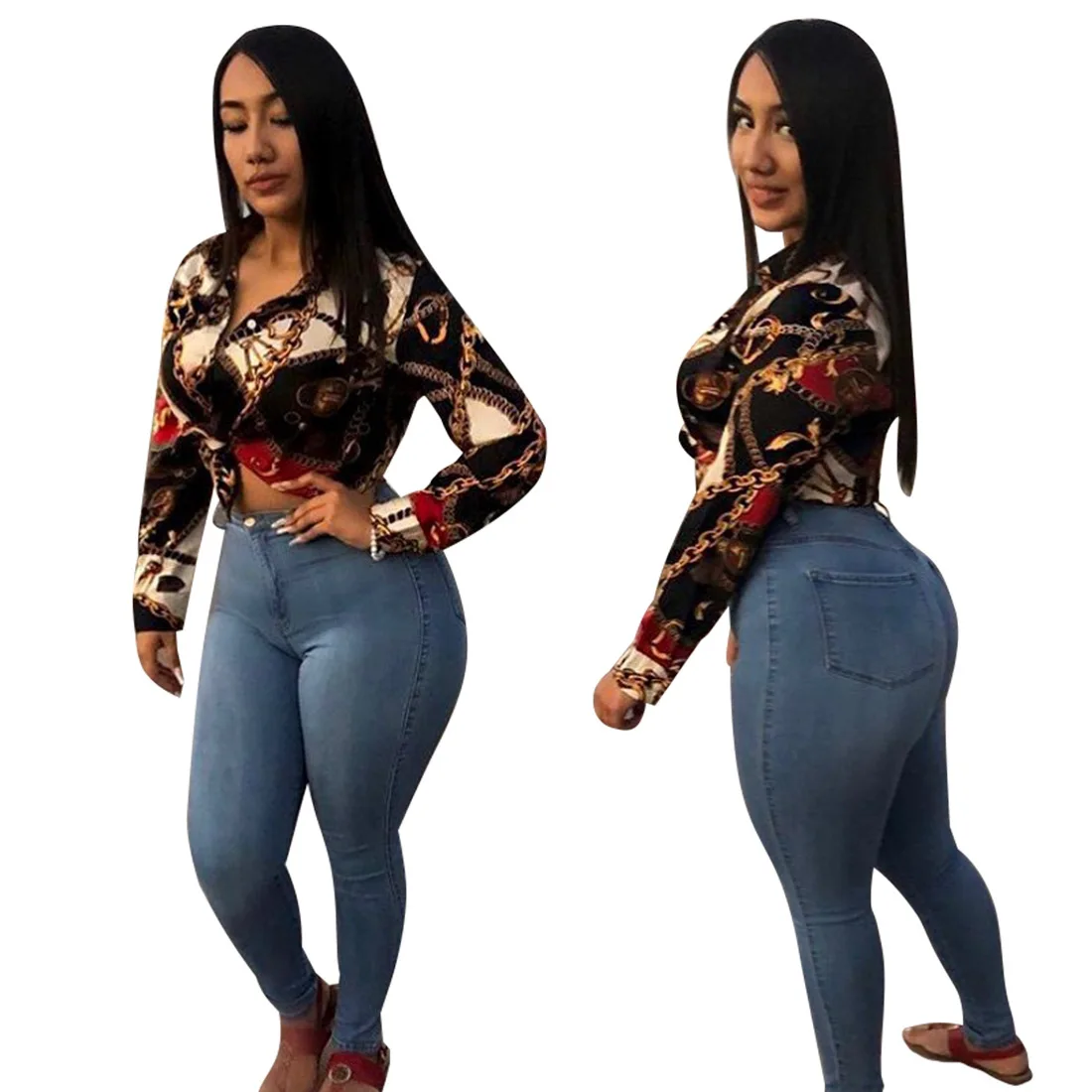 

Custom Full Sleeve Tops Fashionable Designer Single-breasted Casual Printed Women Top Blouse