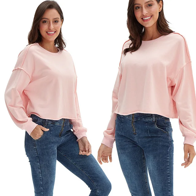 

Wholesale Oversized Crop T Shirt Woman Fleece Inside Crop Top T Shirt Women Oversized Women's Pullover