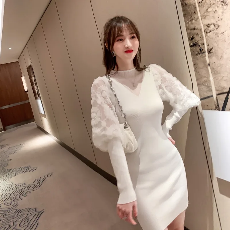 

2021 Spring New 2021 Lantern Long Sleeve Stitching Slim Thin Japanese Sweater Knit Dress, White