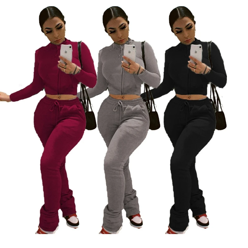 

EB-20220504 Winter sets for women sexy casual thicken stacked crop top sexy joggers pants with side pockets two piece pants set