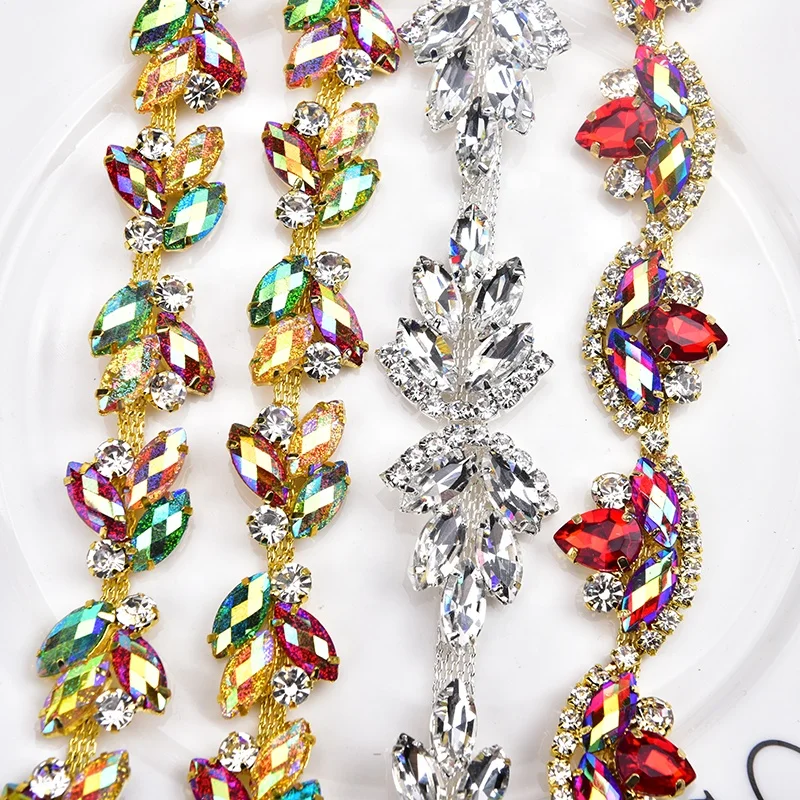 

Handmade Siam AB Marquise Rhinestone Flower Claw Chain Crystal Trim drop for Christmas tree Wedding Clothes Decoration, Clear/colorful/red