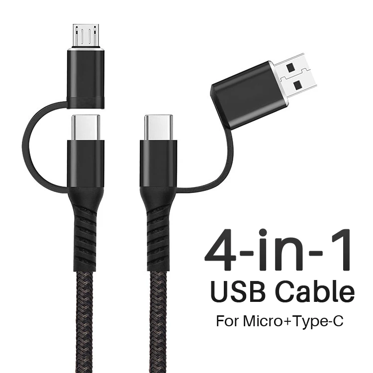 

PD 60W Fast Charging Braided 3 4 in 1 USB Cable Universal Cabo Micro Kabel 10 in 1 USB C To USB C To Type C Multi Charger Cable, Black