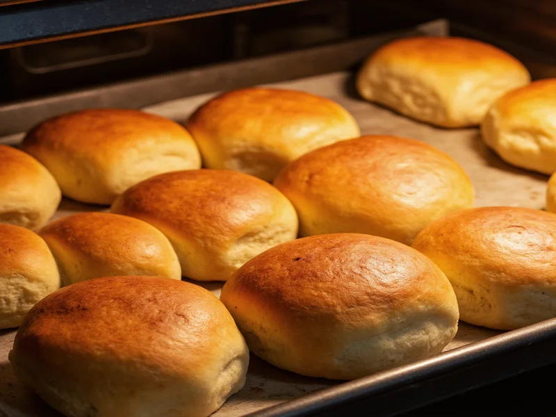 Golden brown homemade hot rolls fresh from the oven on baking sheet