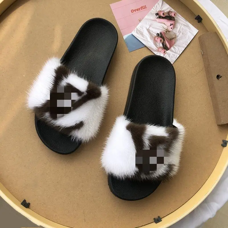 

Luxury fur slippers 100% mink hair one piece custom LOGO ladies hair slide