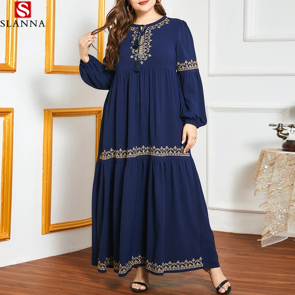 

Slanna Custom Ethnic Literary Loose Cotton Linen Dresses Pleated Plus Size Long Muslim Dress, Accept custom color