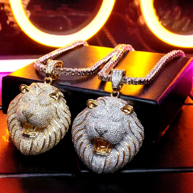 

Custom Hiphop Necklace Chain and Pendant Iced Out 18K Gold Plated 925 Silver Lion Pendant Hip Hop Jewelry Cartoon Pendant, White/yellow