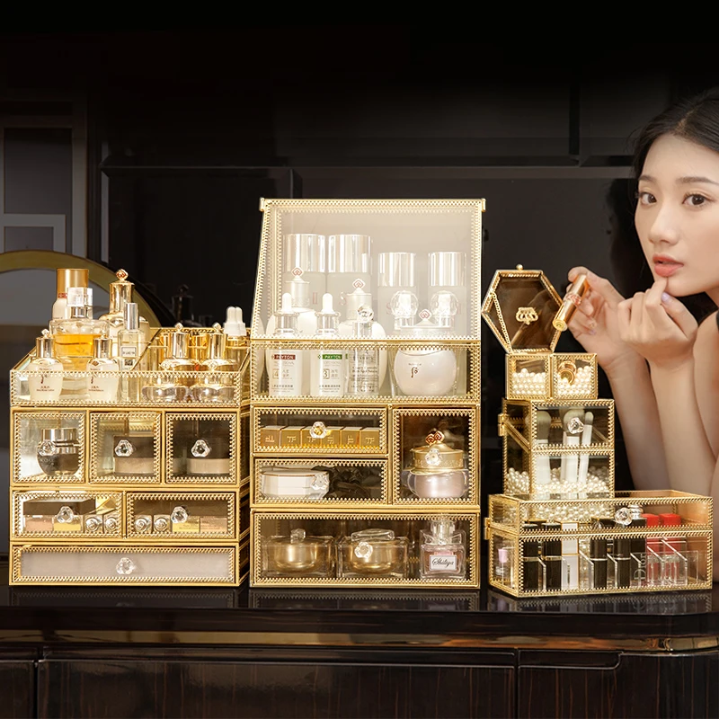 

Makeup Organizer Lipstick facial cream brushes Holder Brass and Glass Vintage Design Large Full Set 10pcs Cosmetic Storage Box, Gold shiny
