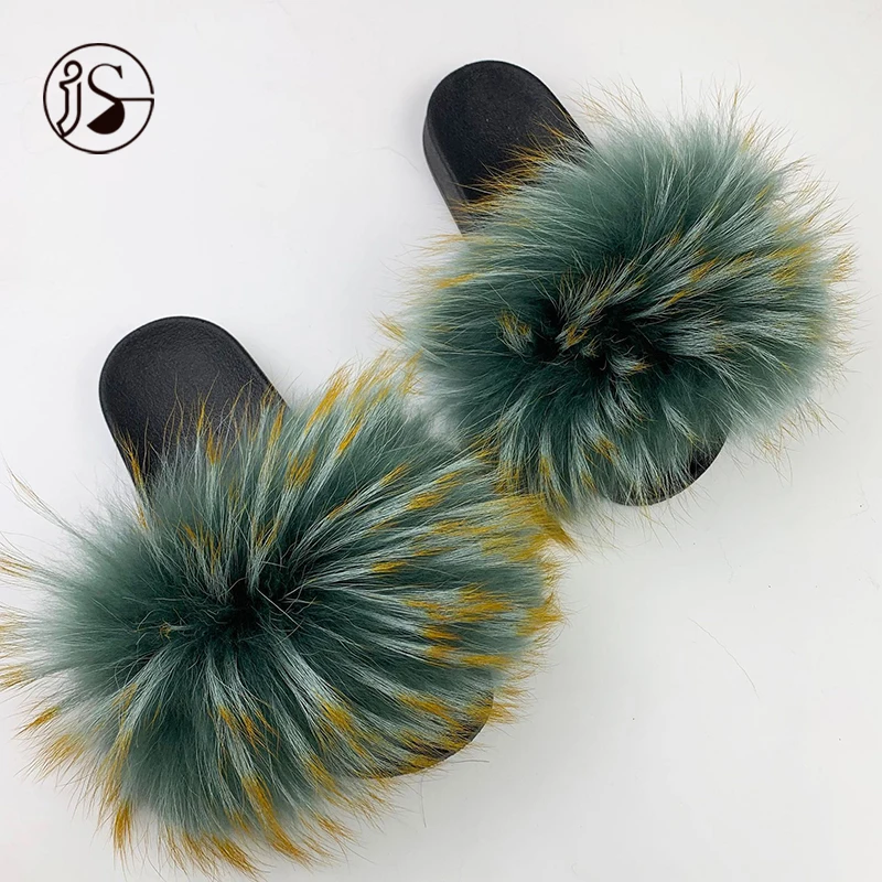 

2021 Fashion Wholesale price real Raccoon fur slippers soft outdoor comfy women sandals fox fur slides for ladies, Picture