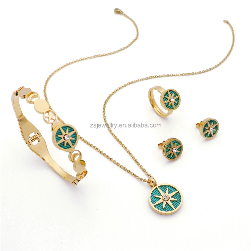 

Women Classic Custom 18K Gold Plated Diamond Green Round Polar Star Stainless Steel Unique Jewelry Set