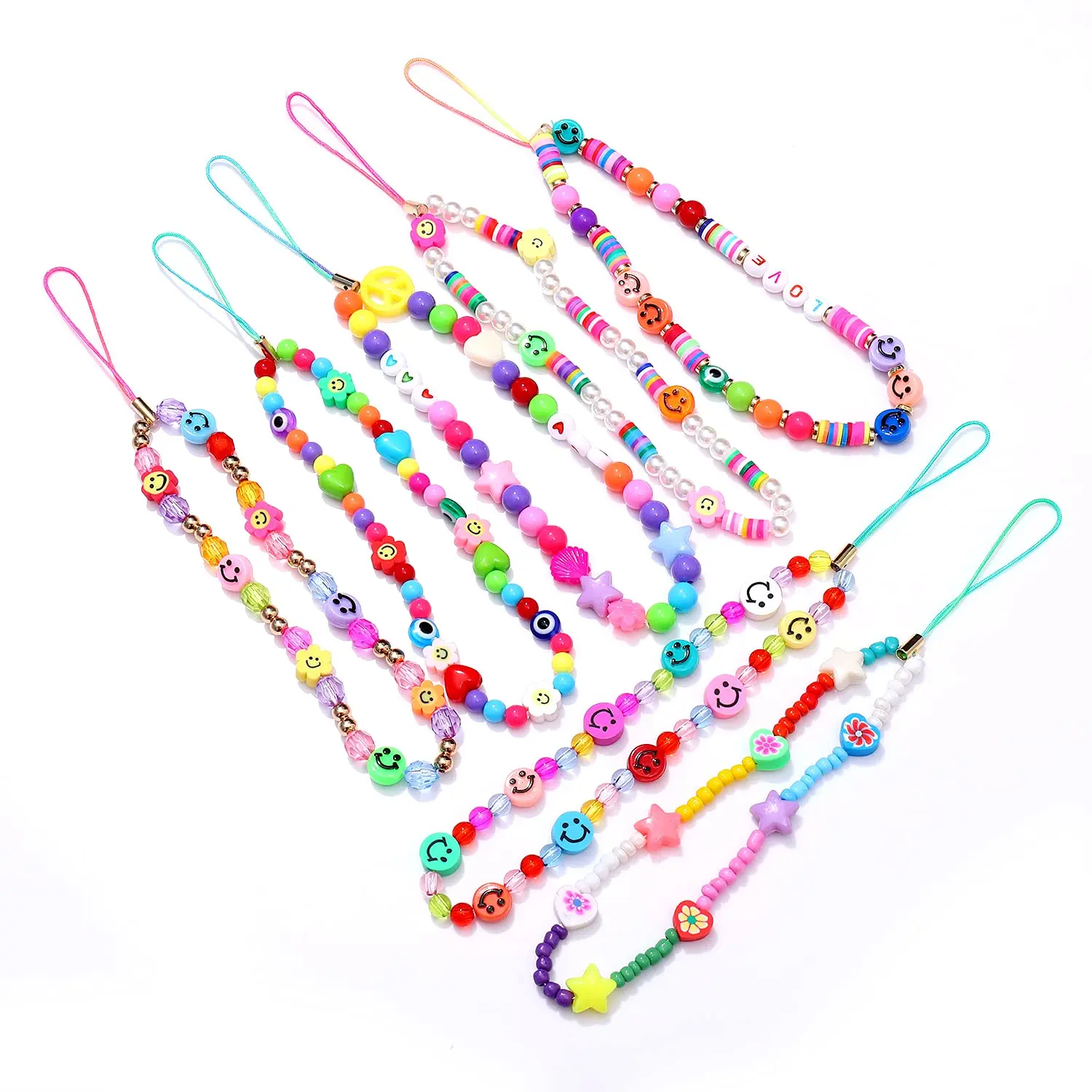 

Fashion Love Heart Handmade Colored Rainbow White Clay Beads Phone Charm Strap Chain, 41 designs