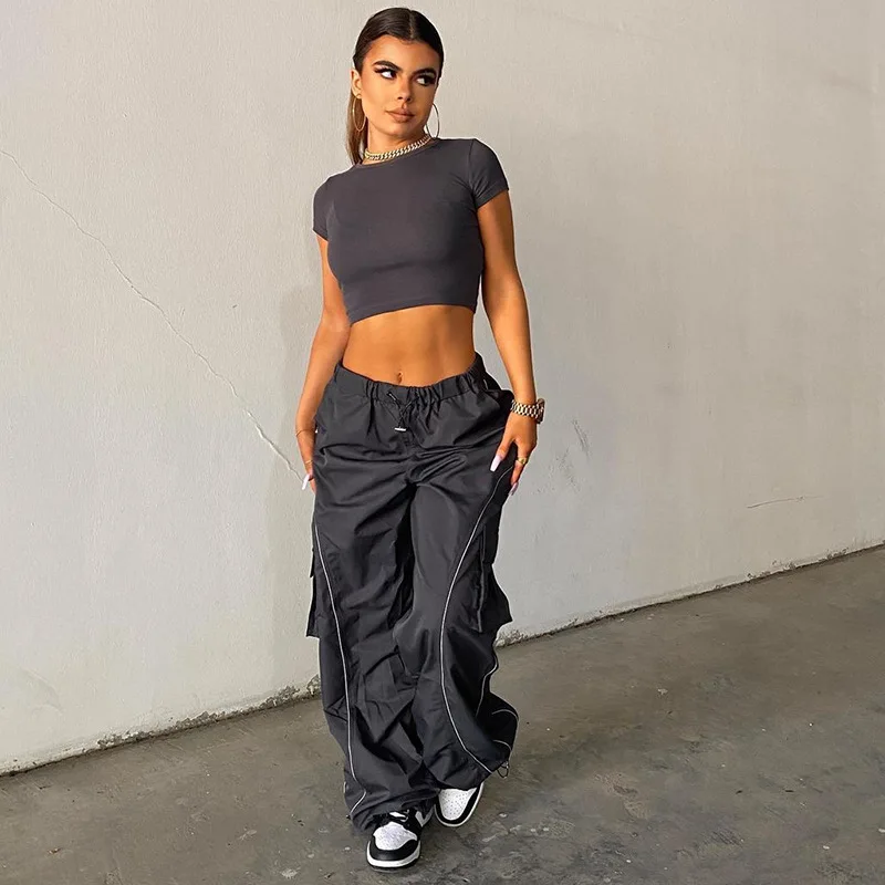 

Woven Jogging Women Pants Overalls Sporty Casual Side Stripe Drawstring Middle Waist Trousers Loose Y2k Workout Cargo Pants