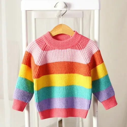 

Baby Kids Girls Rainbow Pullover Sweater Jumpers Cardigans Striped Knitting Tops