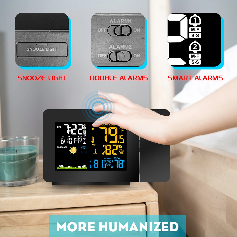 
Projection Alarm Clock With Weather Station Forecast PT3391 Weather Clock display Indoor Outdoor temperature Humidity 