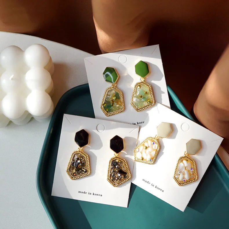 

Fashion vintage Korean earrings women French fashion earrings Color stones geometry stud earrings 925 sterling silver ear needle