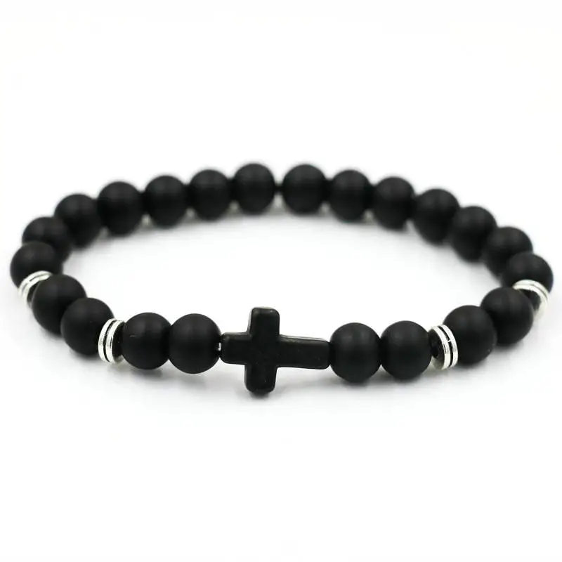 

Cross Bracelet For Men Natural Stone Agate Matte Beaded Bracelets Women Jewelry Elastic Rope String, Black color