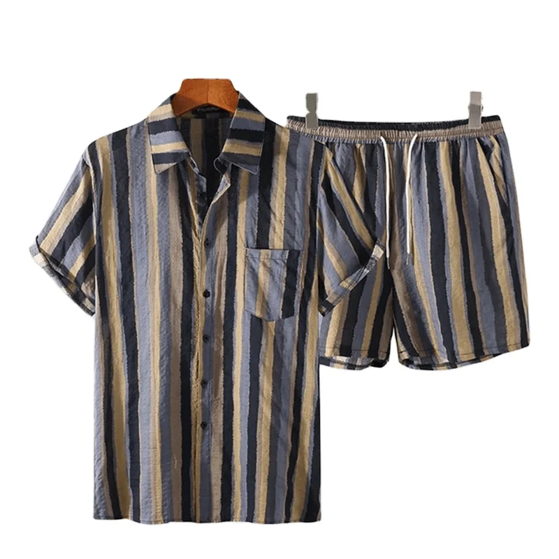 

2021 new men's short-sleeved shorts shirt Hawaiian style color-blocking striped beach pants printed suit