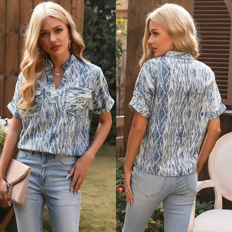 

casual short sleeve tie-dye floral blouse sexy v neck shirt with pockets, Blue