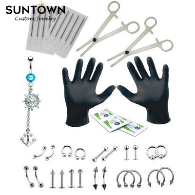 

SUNTOWN New 41pcs Anchor Body Piercing Tools Kits 16G Stainless Steel Needles Belly Ring Nose Labret Tongue Piercing Jewelry Set, Silver