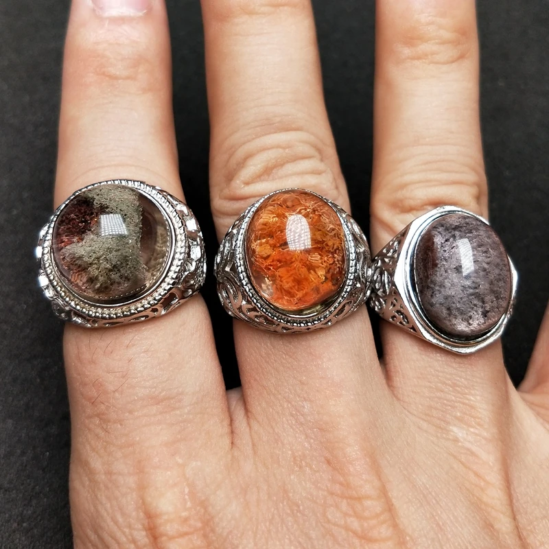 

Natural Gemstone Ring Wholesale Boho Phantom Crystal Jewellery Cuff Adjustable Big Statement Finger Rings Jewelry for Men