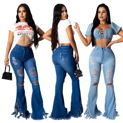 

2021 summer new blue high waist ripped skinny jeans women