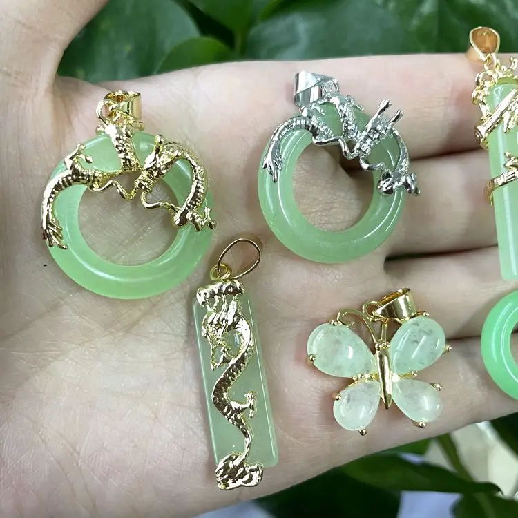 

jialin jewlery wholesale jade pendant gold plated baby green dragon butterfly Necklace