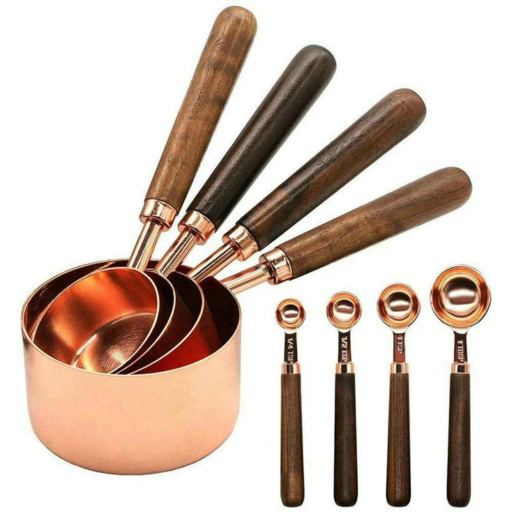 

Set of 8 Rose Gold Stainless Steel Measuring Cups and Spoons Set with Walnut Handle for Measuring Baking