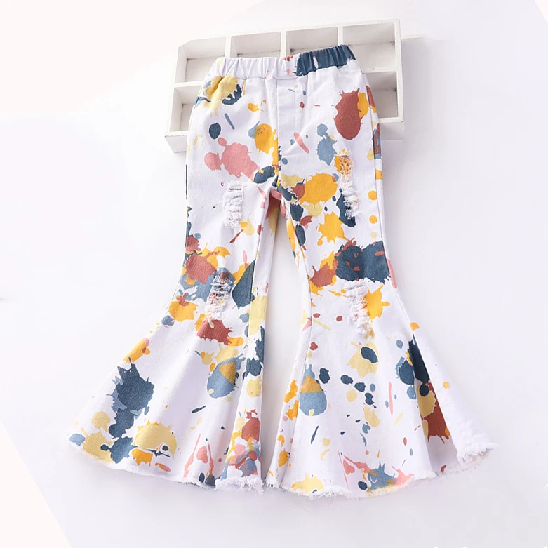 

2021 new tie dye spring fashion baby girls flare jeans wide leg kids denim pants, As picture show
