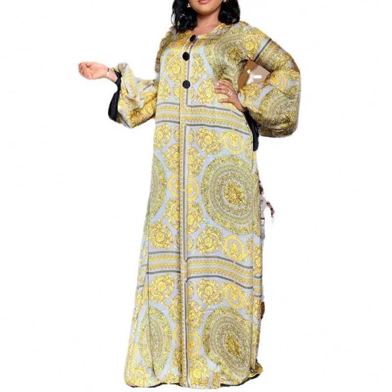 

Fall Long Sleeve Maxi Dress African Ladies Golden Print Vintage Plus Size 3xl Floor Length Party Women Dress