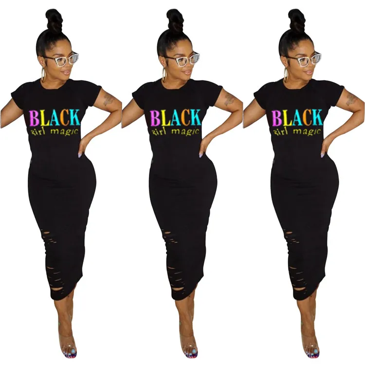 

Drop shipping women dresses summer short sleeve black girl magic letter printing dresses hollow out design