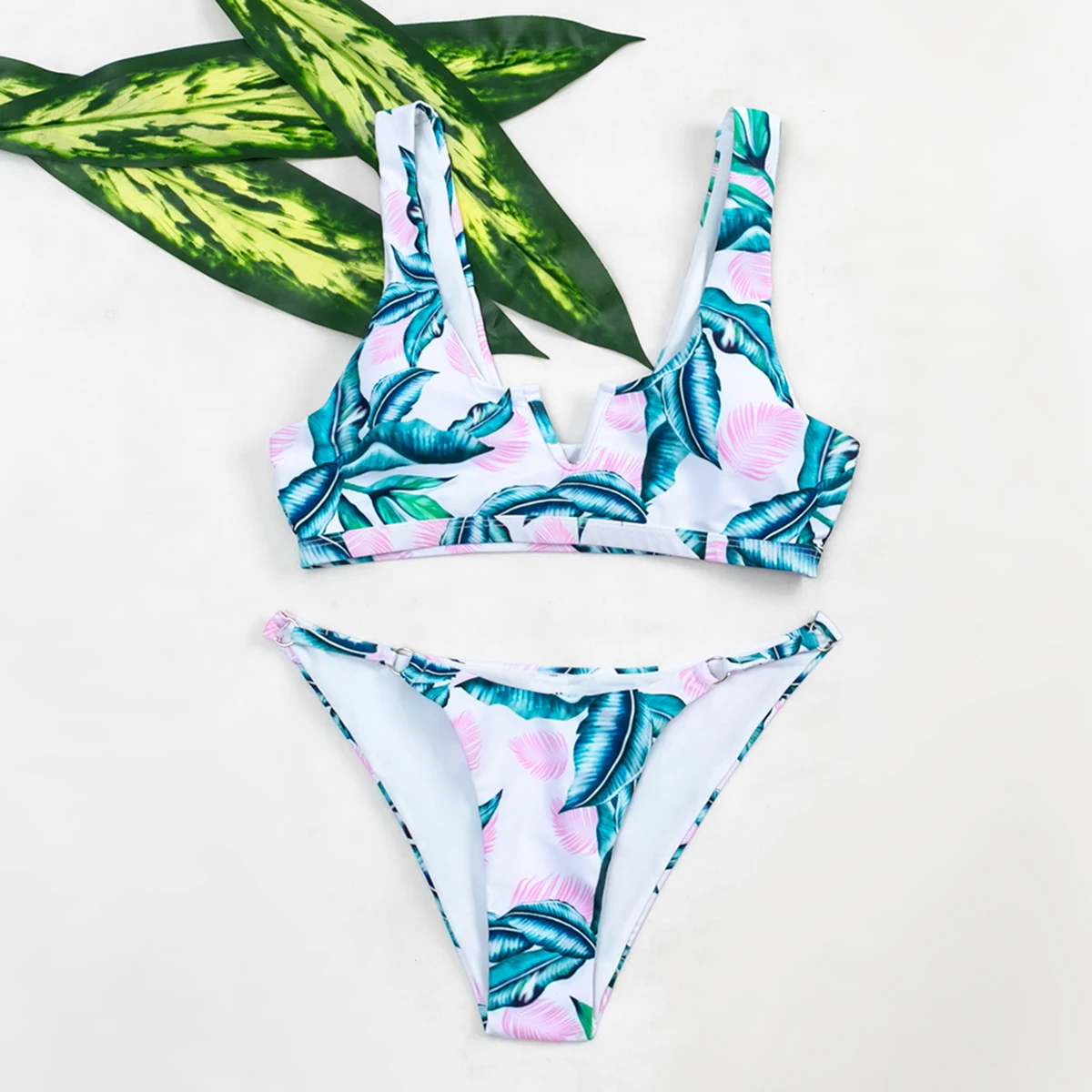 

Hot Selling Swimsuit Two Pieces V Neck Tropical Leaves Swimming Costume Girls Two-Piece Swimwear