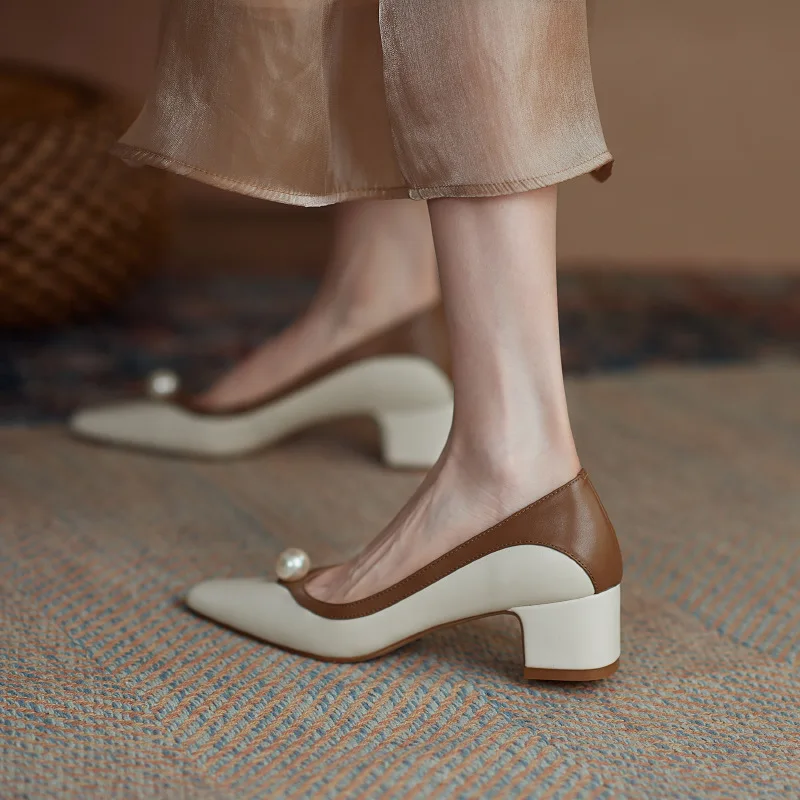 

Lady Woman pearl thick single closed toe shoes square head elegant Middle heel pumps, Brown/wine red