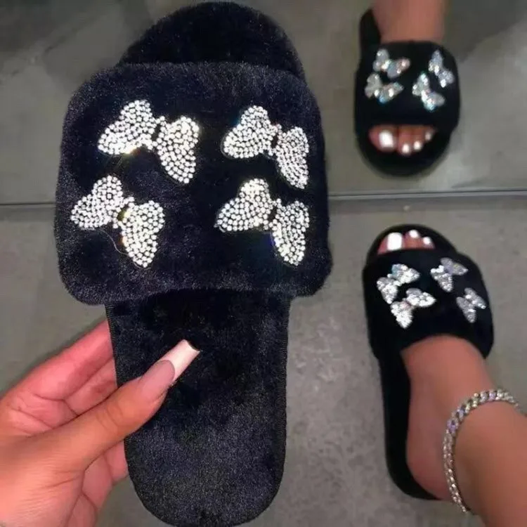 

Large Size Plush Slippers 2022 European and American New Drill Outdoor Hair Slippers Women's Shoes, Picture