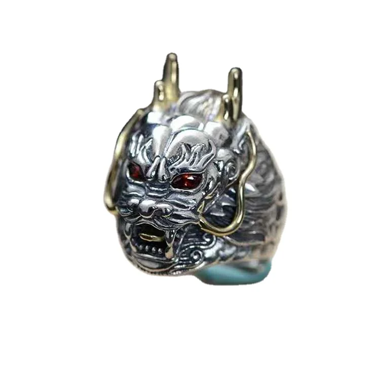 

Certified 925 Silver Dragon Head Ring Male Open Large Size Index Finger Zodiac Dragon Silver Ring Domineering Hipster Ring