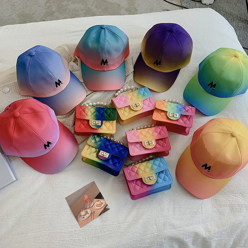 

2021 summer mini jelly purses women crossbody hand bags purse and sports caps set, Rainbow