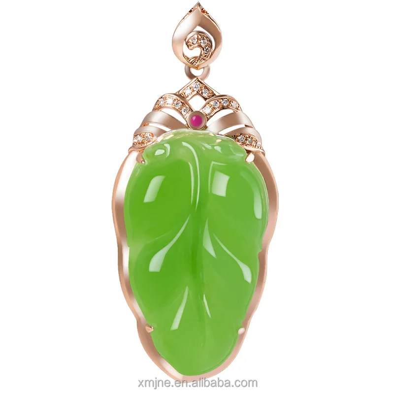 

Certified Grade A Fruit Green Hotan Jade Green Jade Leaf 18K Rose Gold Natural Jade Pendant Necklace For Men And Women