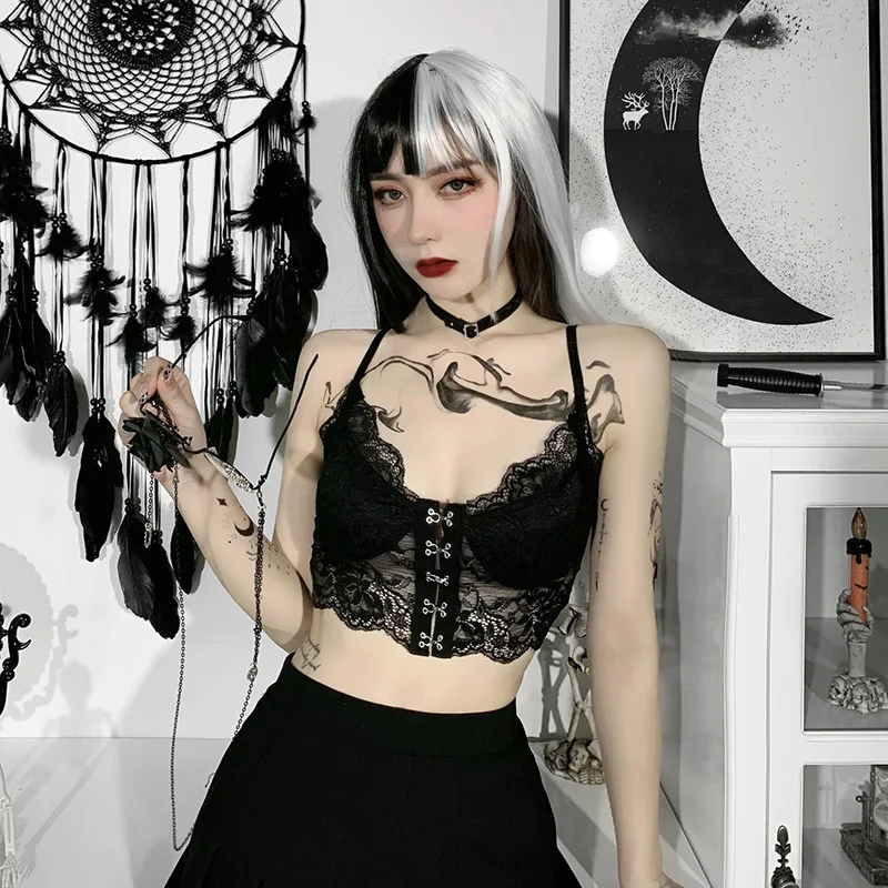 

Ecowalson Dark Goth Sexy Lace Black Camisole Vintage Aesthetic V Neck Spaghetti Straps Corset Tops Gothic Harajuku Summer Camis