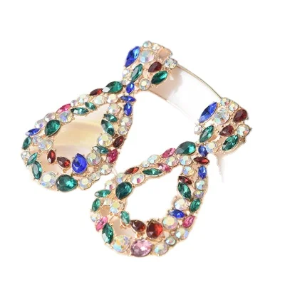 

Irregular Multi Color Gemstone Crystal Rhinestone Oval Large Hoop Earrings Colorful Crystal Geometric Oval Pendant Earring